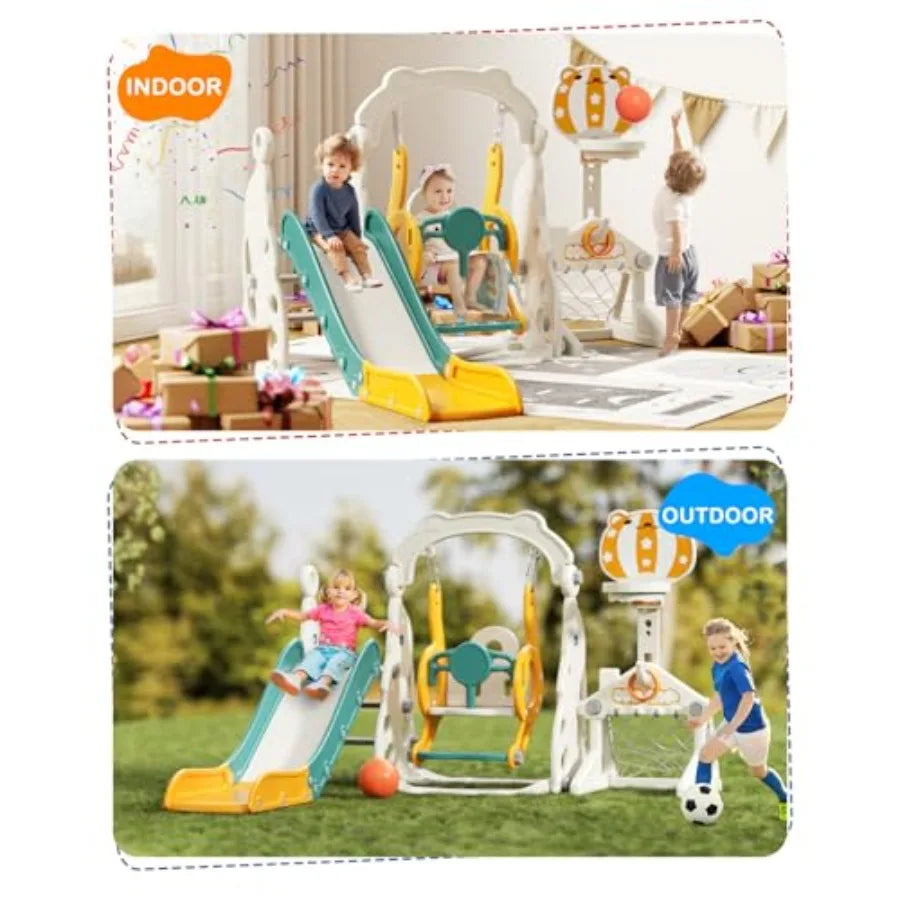 Green 6-in-1 Toddler Outdoor Playset with Slide Swing Climber Basketball Hoop Soccer Goal for Ages 1-3 Indoor Outdoor Playgroun