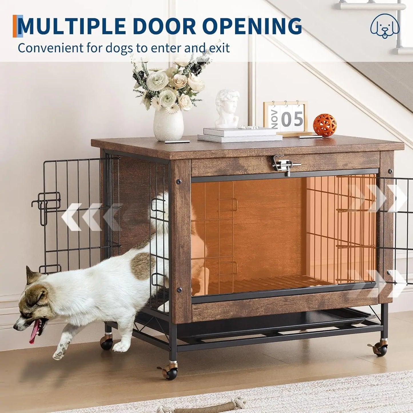 TWISTER.CK Indoor Wooden Dog Crate Furniture With Double Doors Wheels And Tray