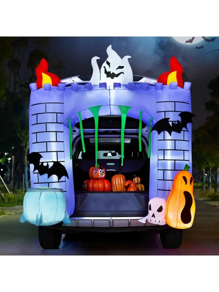 6 ft Halloween Inflatable Outdoor Decorations, Trunk or Treat Car Decorations Halloween Blow Ups Haunted Castle with Build-in LEDs, Inflatable Pumpkin and Ghost for Outside Decor