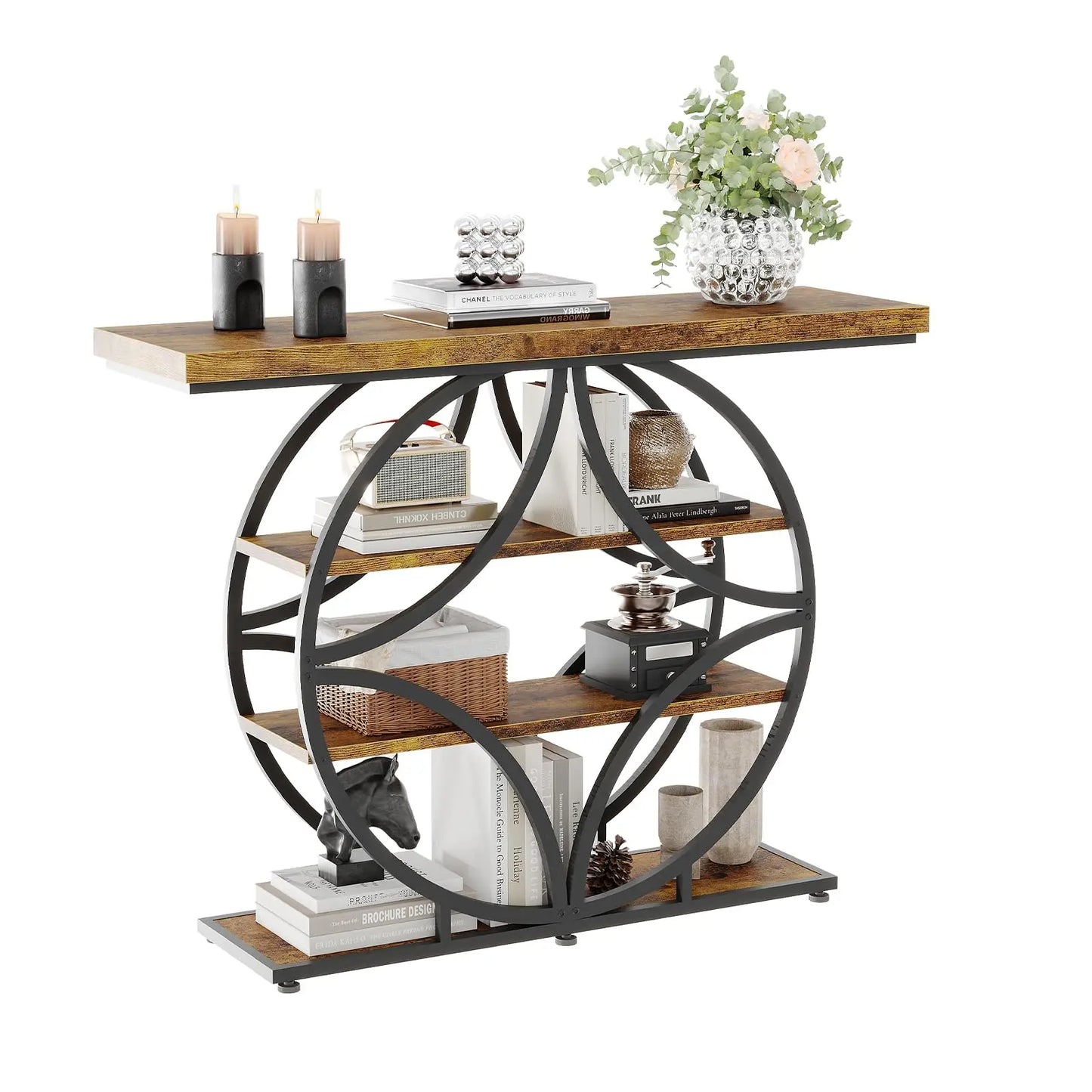 41.3 Inch Console Table With Circle Metal Base, 4 Tier Narrow Entryway Sofa Table, Industrial Hallway Accent Table