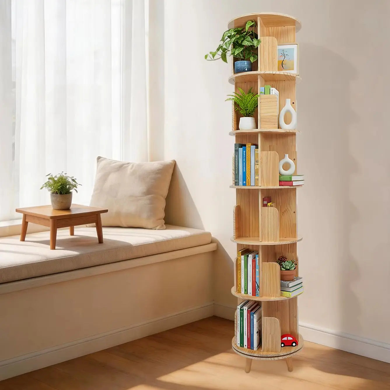 6 Tier Pine Wood Bookshelf 360° Rotating Bookcase Storage with Legs Floor Standing Bookshelf Organizer for Storing Books, Precious Souvenirs, Displays, Miniature Potted Plants, Photo Frames