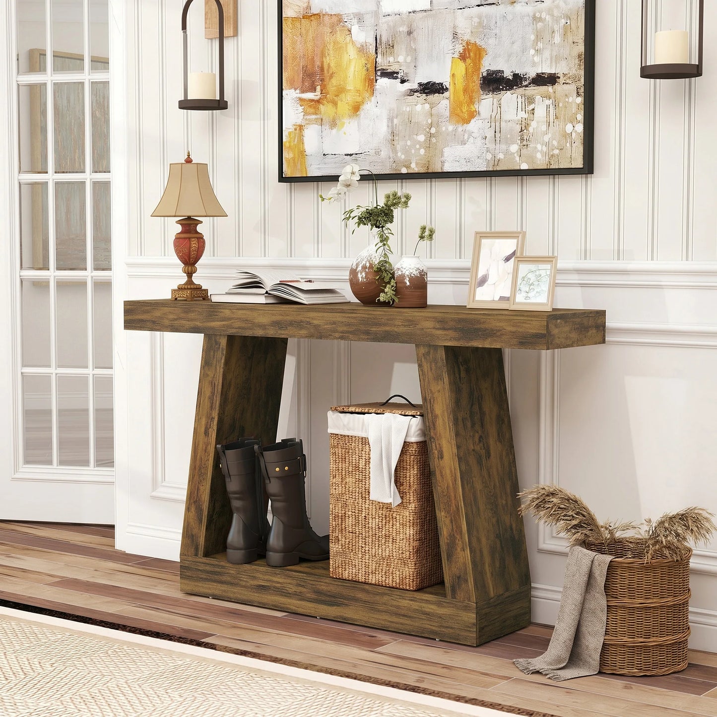 55.1" Narrow Entryway Table, 2-Tier Farmhouse Console Table with Thickened Tabletop, Storage Shelf and Trapezoidal Base for Behind Couch Sofa, Living Room, Hallway, Entrance, Rustic Brown