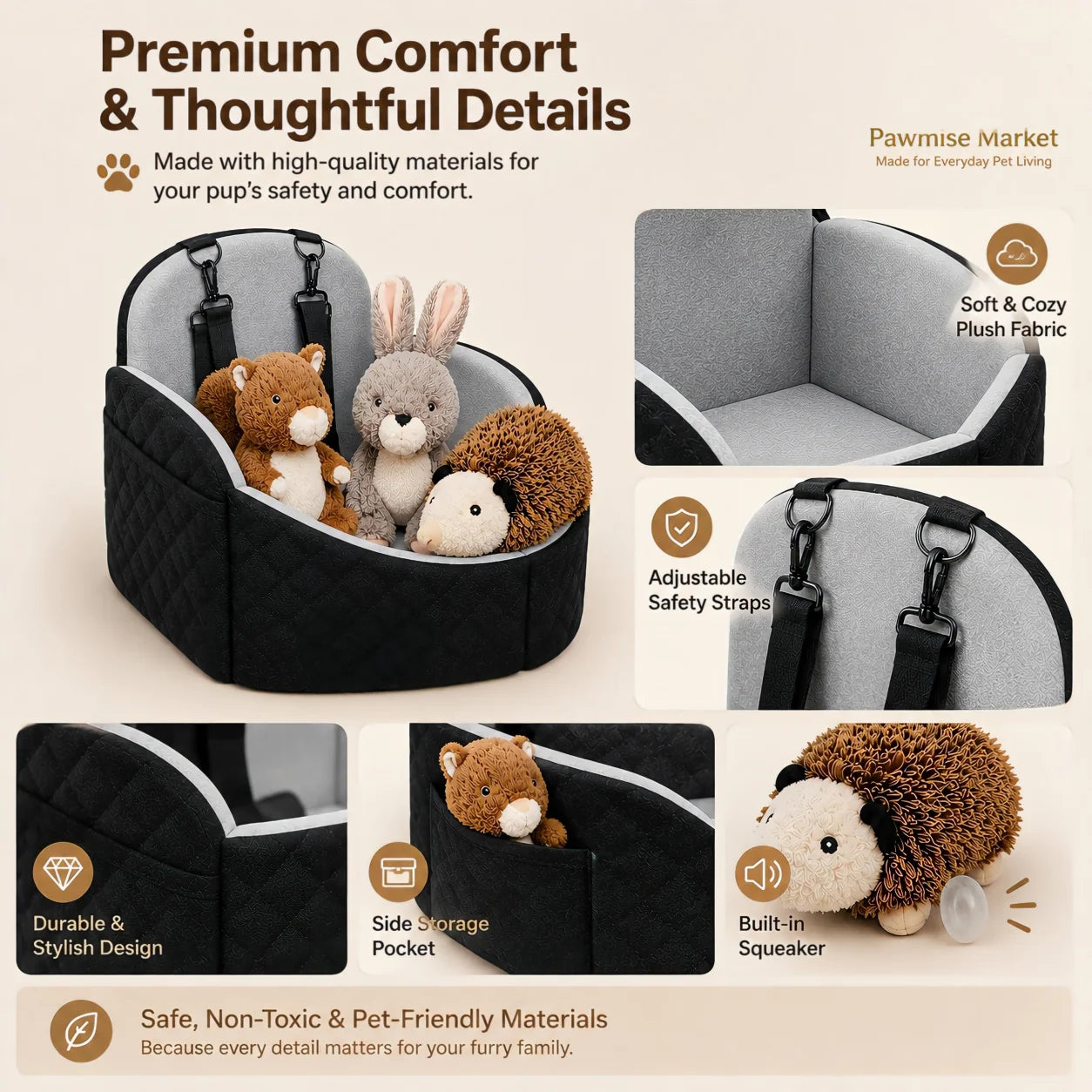 Compact Dog Car Seat Bed With Washable Cushion Travel Straps