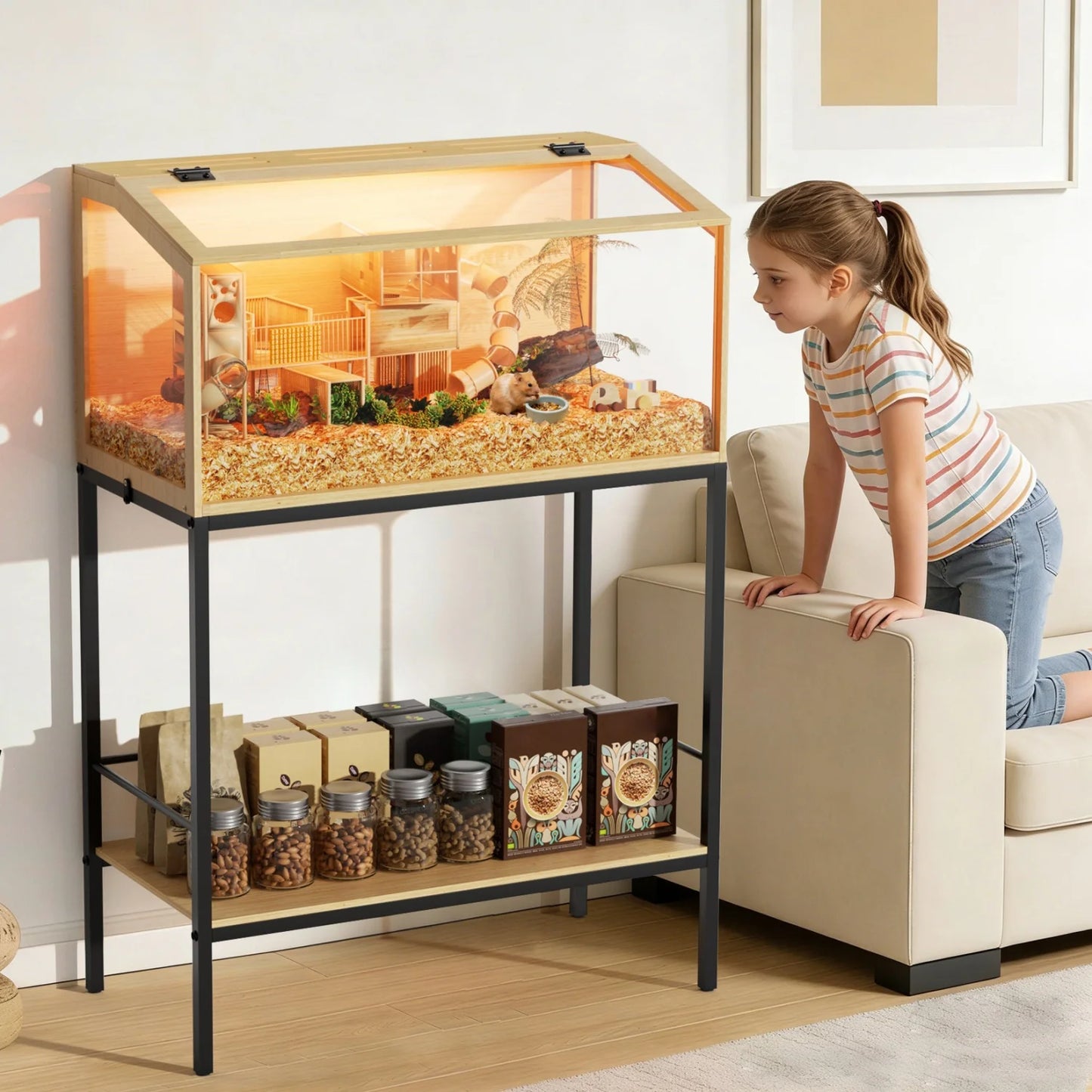 Wooden Hamster Cage With Built In LED Habitat Glass Panels