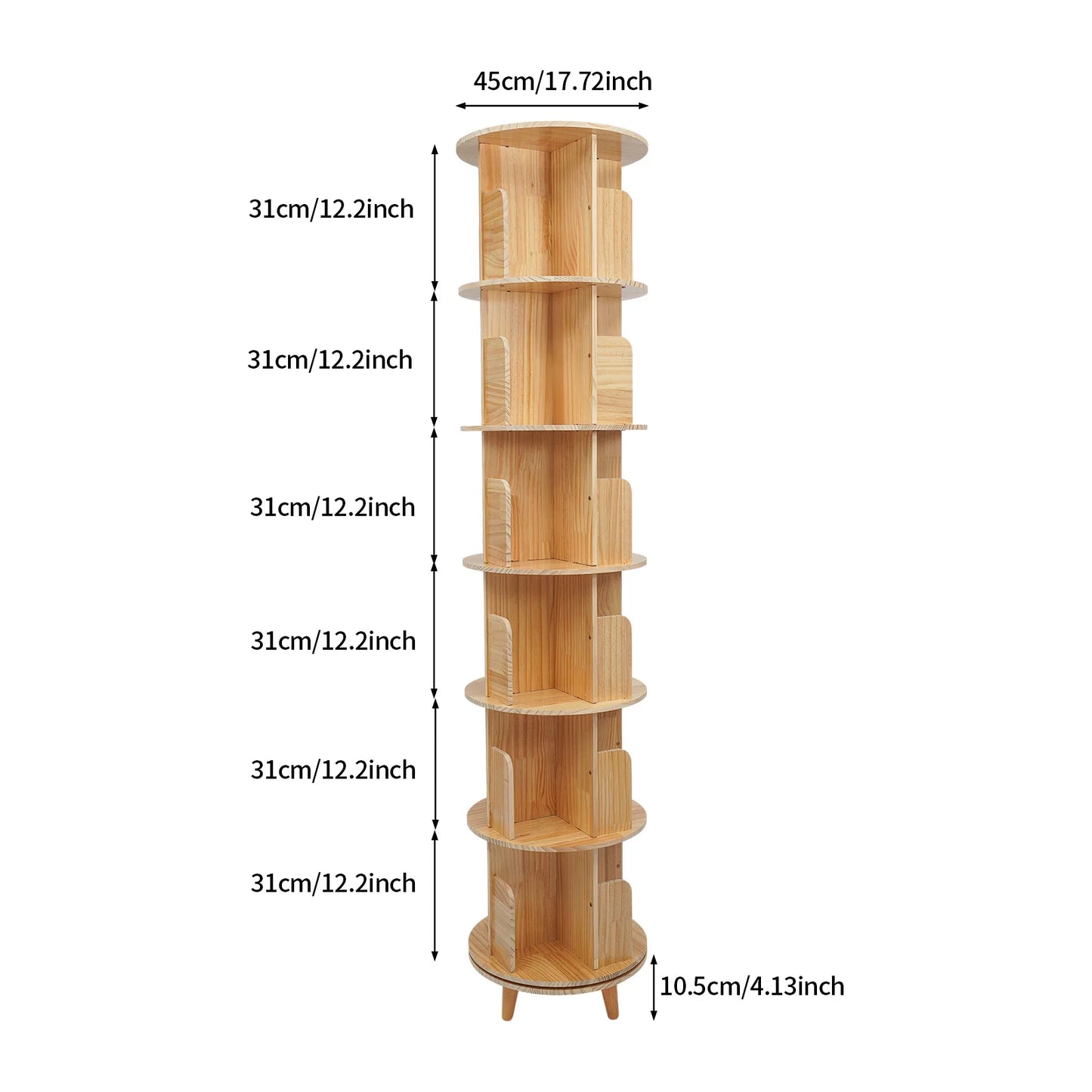 6 Tier Pine Wood Bookshelf 360° Rotating Bookcase Storage with Legs Floor Standing Bookshelf Organizer for Storing Books, Precious Souvenirs, Displays, Miniature Potted Plants, Photo Frames