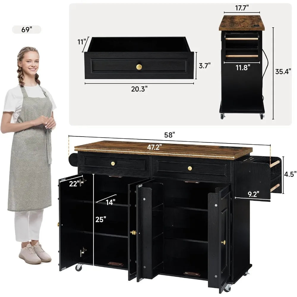 Mobile Kitchen Island With Power Outlet Spice Rack Towel Bar Storage