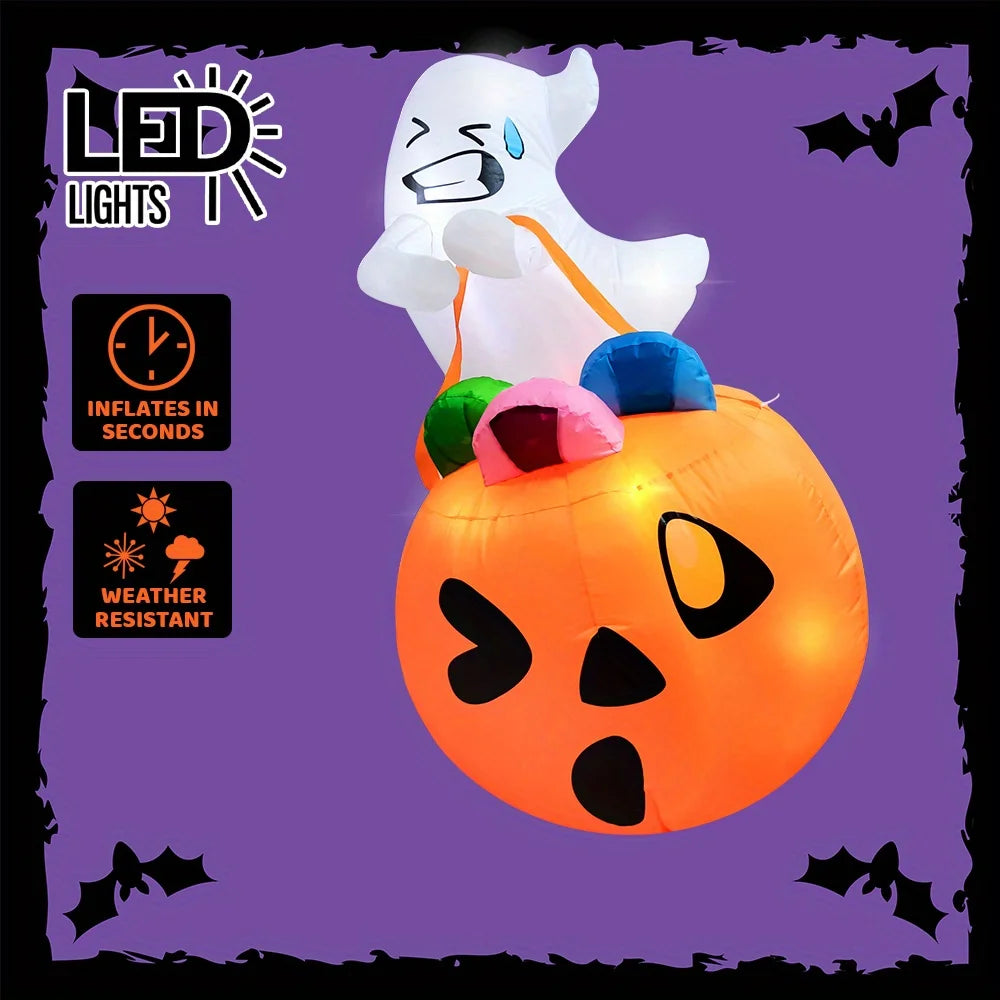 5 FT Tall Halloween Inflatables Outdoor Decorations Inflatable Cute Ghost Halloween Decor Outdoor Blow Up Ghost Lift Pumpkin Candy Bag with Build-in LEDs for Yard Decorations