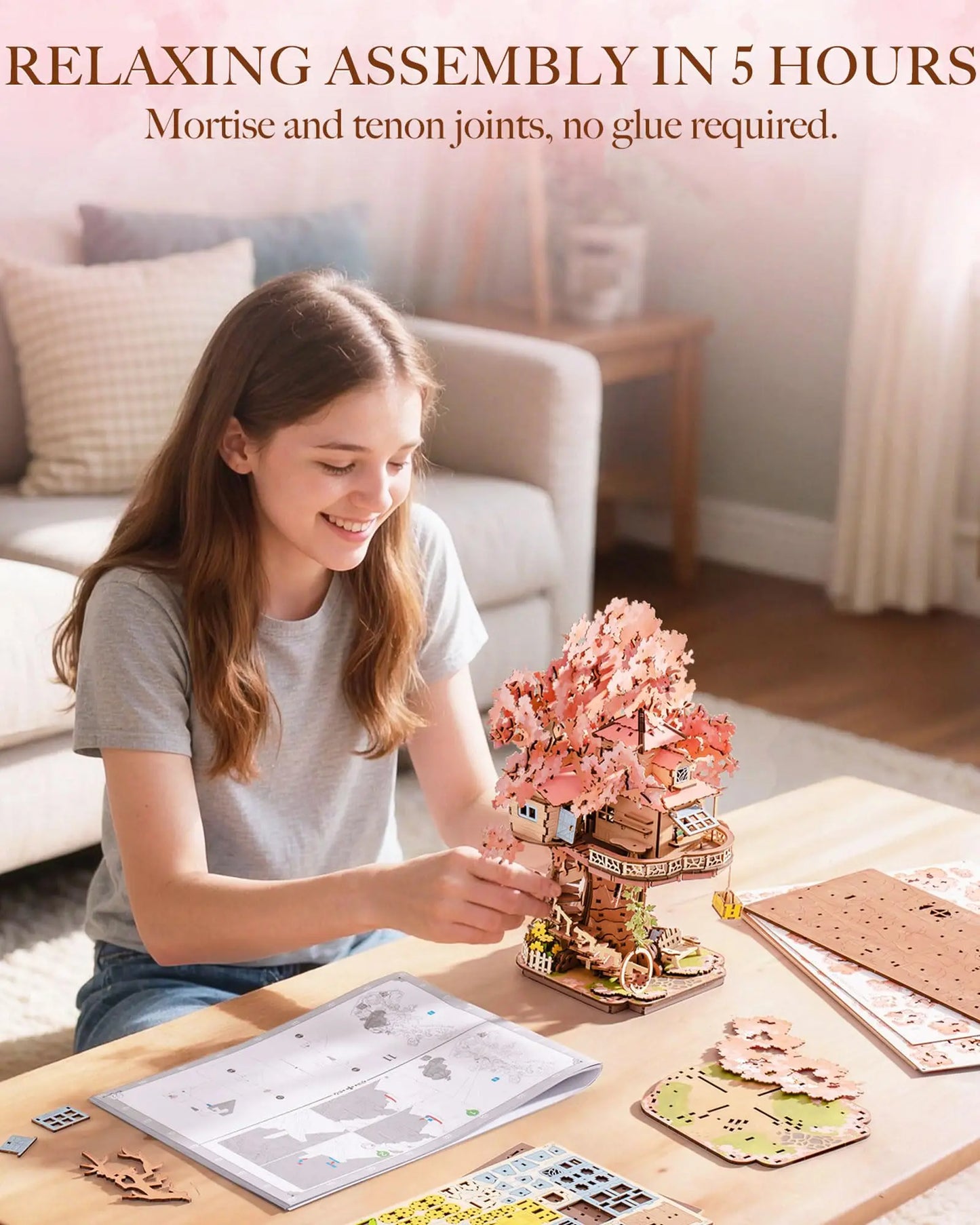 Robotime Rolife Sakura Tree House 3D Wooden Puzzle Kit With Swing
