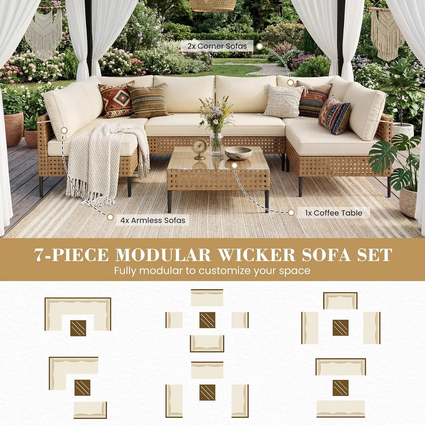 Wicker Patio Furniture Set Modular Outdoor Sectional With Glass Table