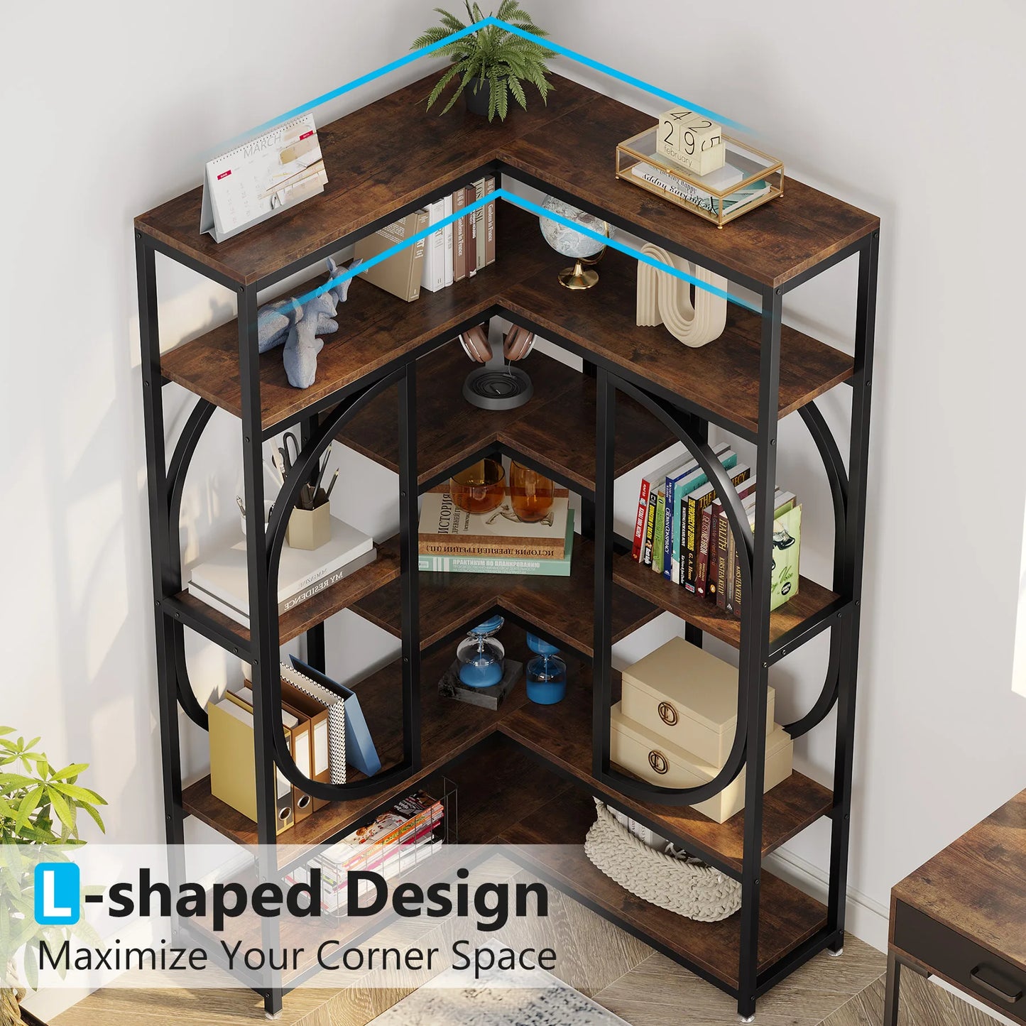 Little Tree 7 Shelf Corner Bookshelf Modern Tall L-Shaped Bookcase