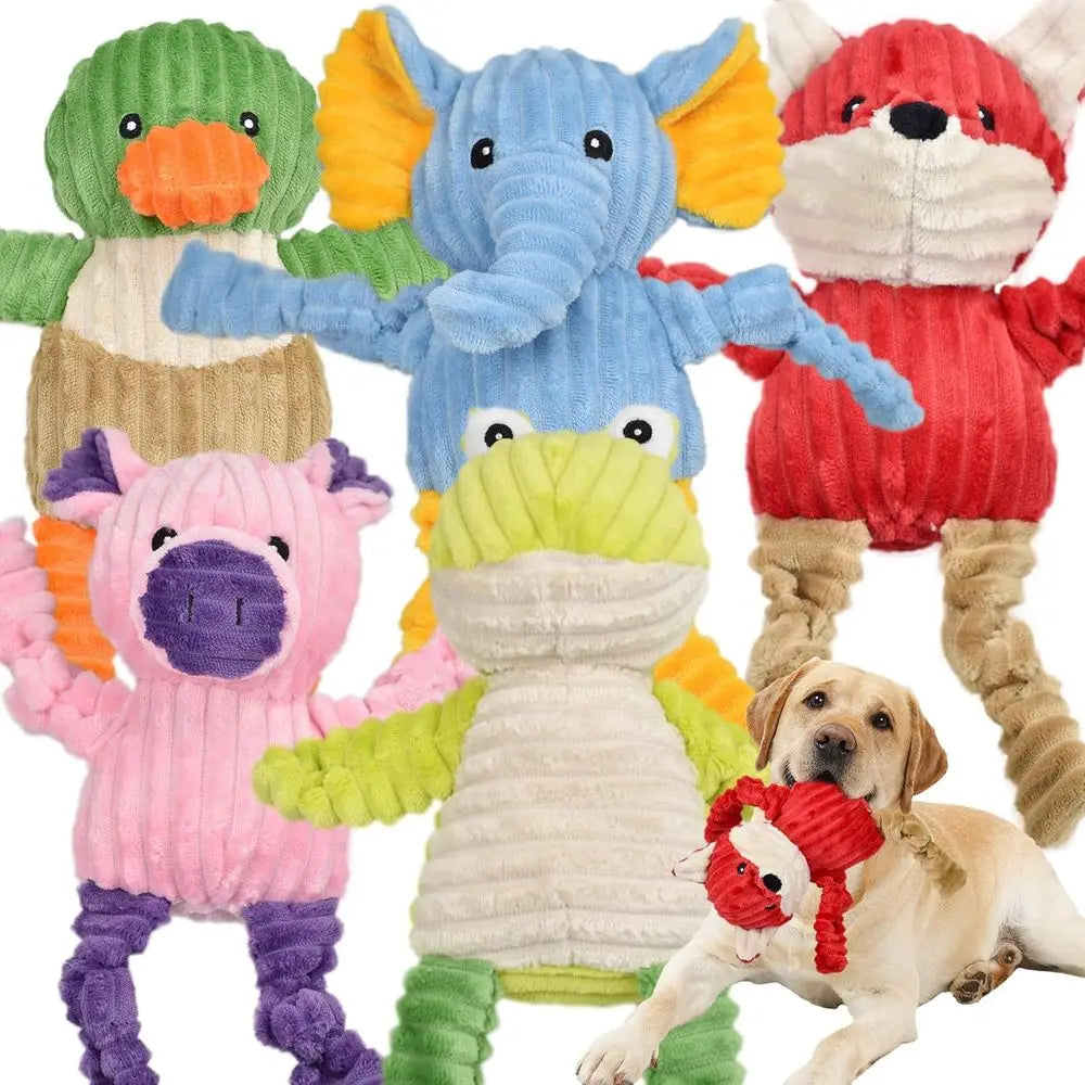Five Pack Squeaky Plush Dog Toys Bundle Ox Duck Elephant