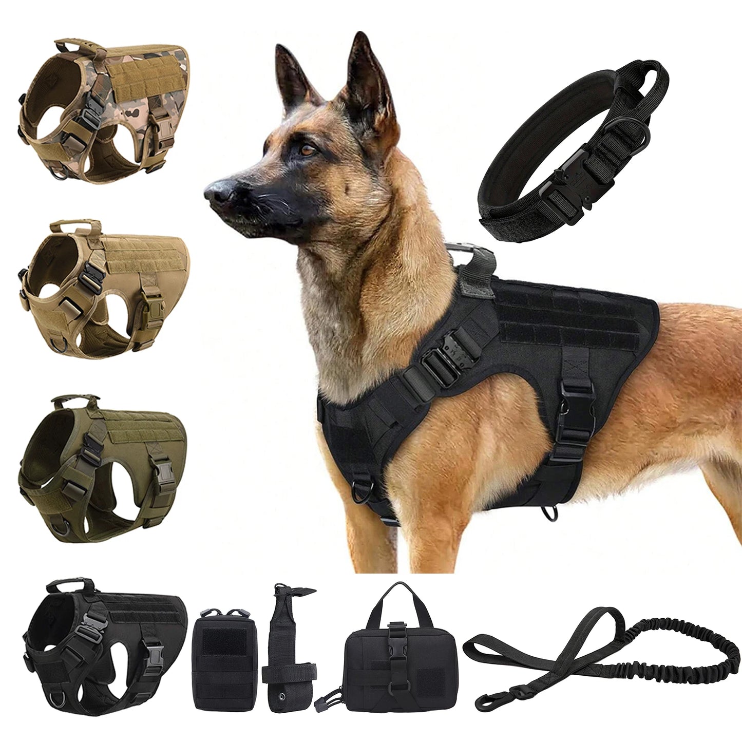 PETRAVELCN Tactical Dog Harness Molle Pouches Leash Vest Training