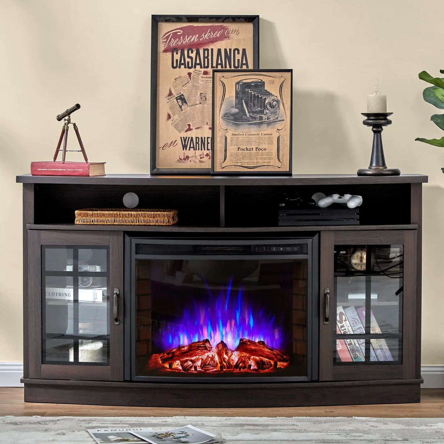 Curved Electric Fireplace TV Stand With Glass Door Storage