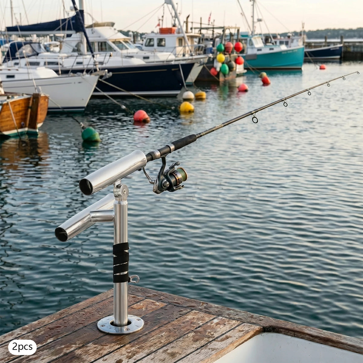 Fishing Rod Holders, 2pcs Double Ended Fishing Rod Holder, Rod Rack, Stainless Steel Adjustable Bracket for Boats, Dual Rod Design, Non-Slip Rubber Padding, 75cm Nylon Strap, Easy Install, Portable Secure Support for Railings