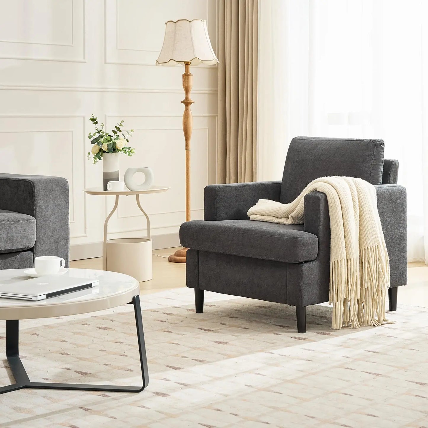 Modern Single Accent Chair Comfortable Linen Upholstered Armchair With Soft Thick High Resilience Foam Cushion Sturdy Solid Wood Legs Soft Backrest For Living Room Bedroom Office
