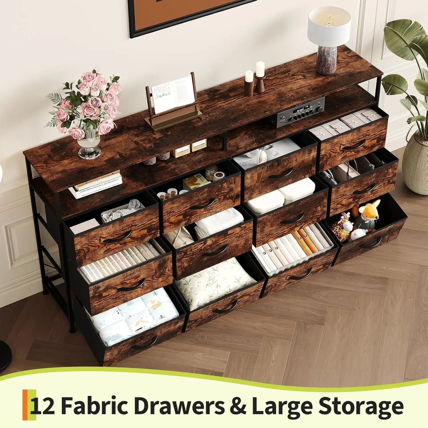 HiMISS 12 Drawer Dresser With Open Shelf Steel Frame
