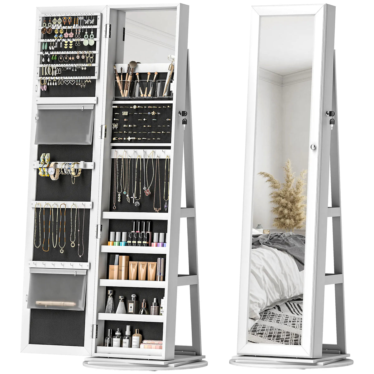 360° Swivel Jewelry Cabinet, Lockable Jewelry Armoire Organizer with Full-Length Mirror, Back Storage Shelves, Interior Small Mirror, for Bedroom Living Room, White