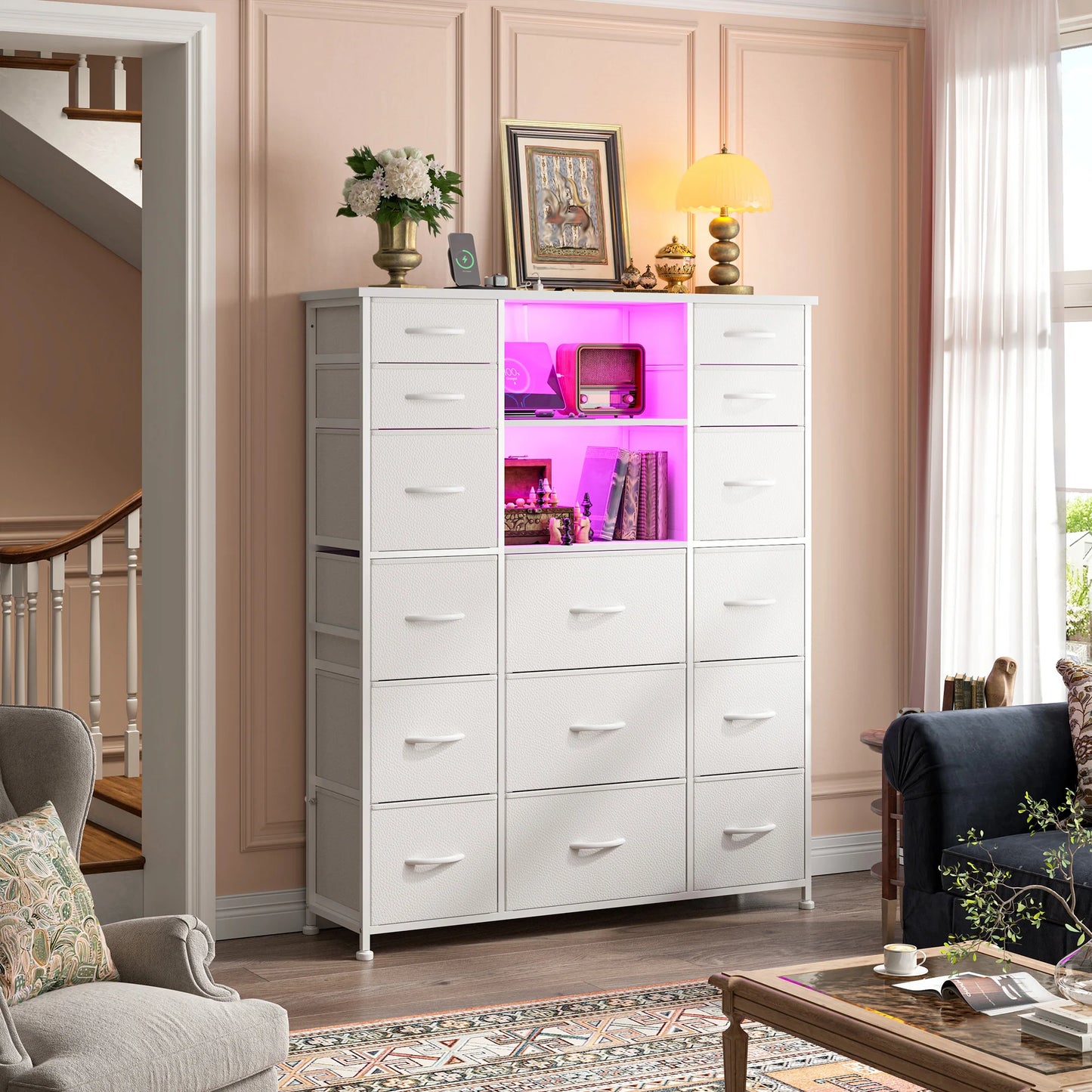 EnHomee 15 Fabric Drawers Storage Organizer With Charging Station LED Hutch