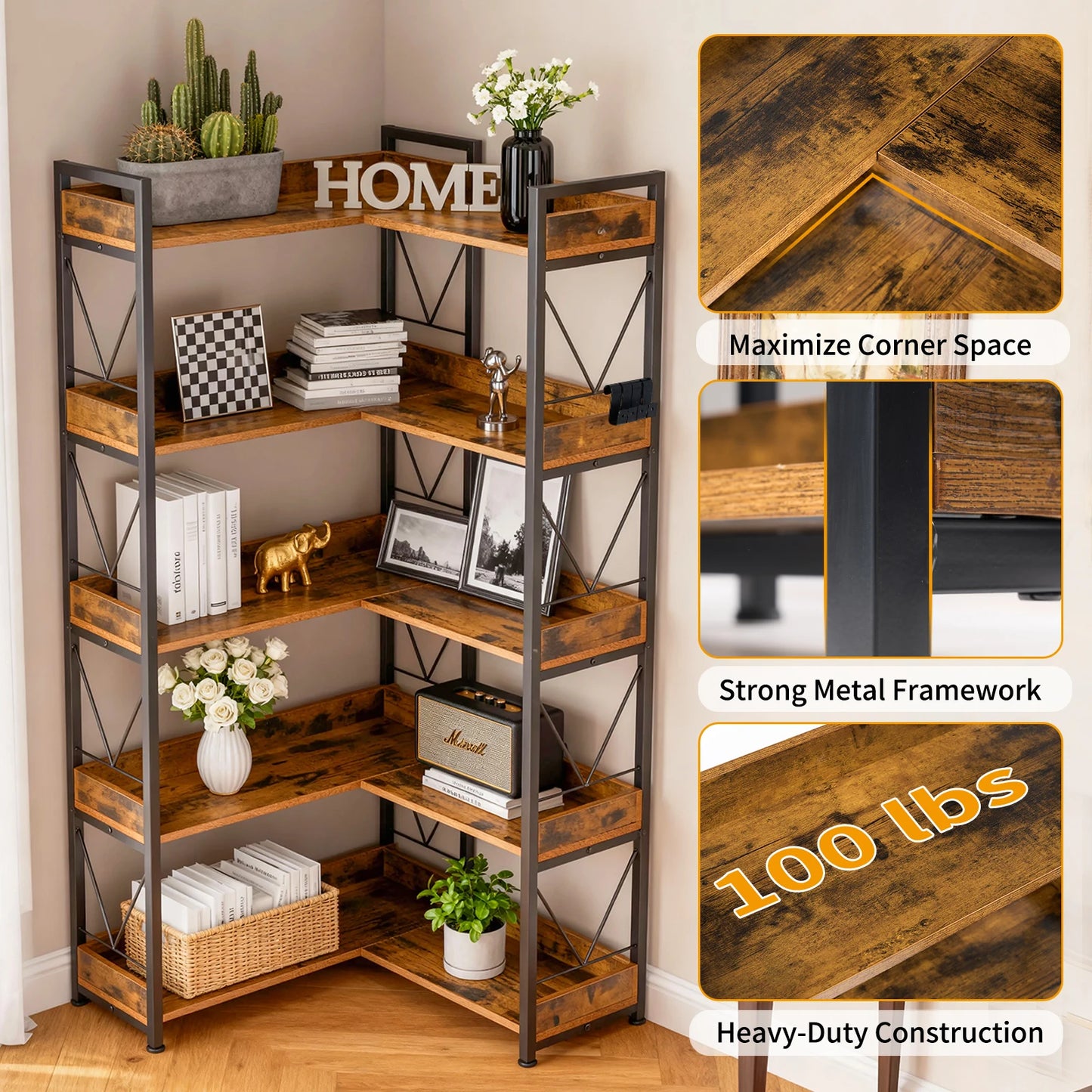 JHK L Shaped 5 Tier Corner Bookshelf 65 inch Bookcase with Hooks and Edge Industrial Pantry Shelves with Metal Frame Wooden Open Storage for Living Room Home Office