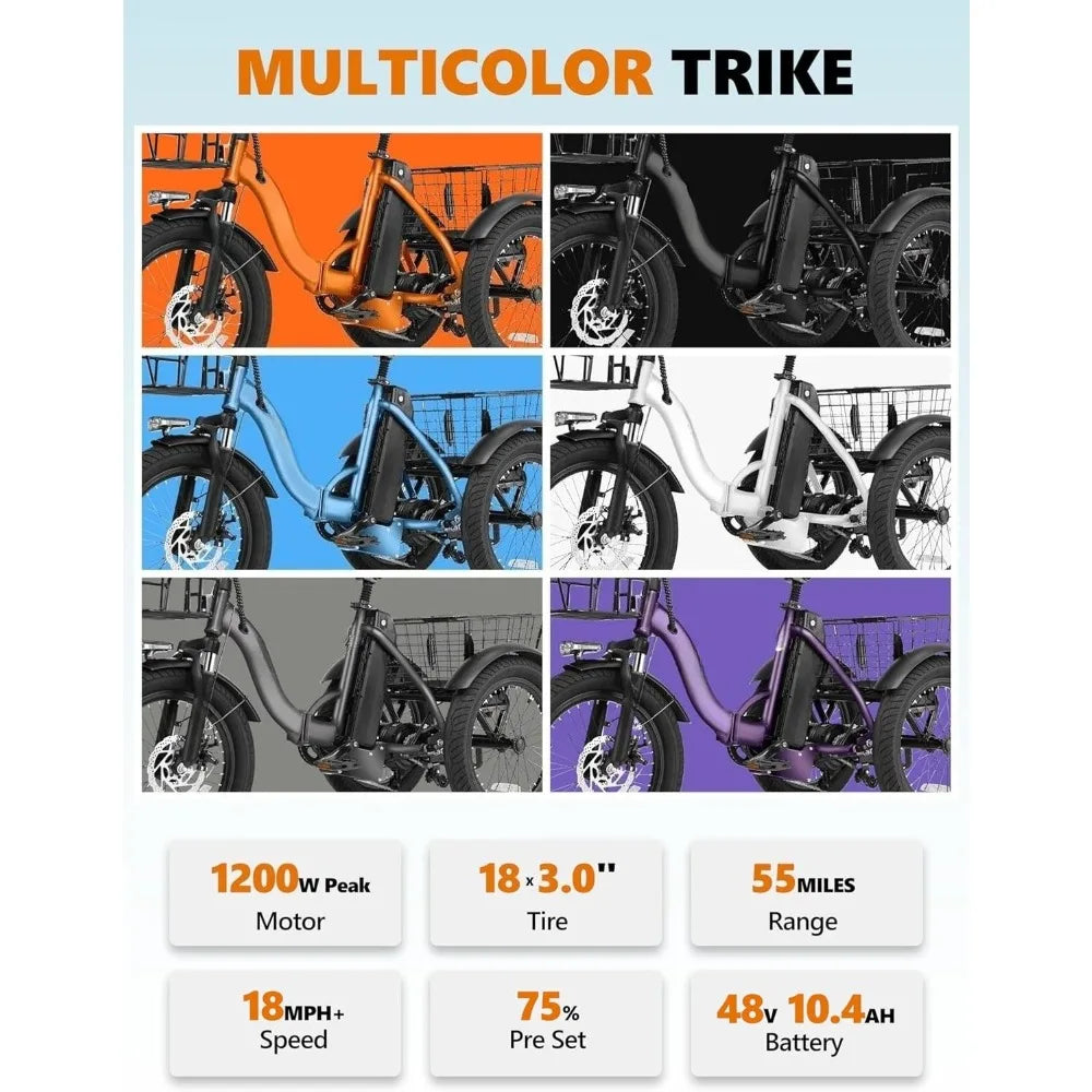 Adults Electric Trike Bike, 1200W Peak Motor & 499.2Wh Removable Battery,18x3.0 Fat Tire Foldable 3-Wheel E-Bike with Step