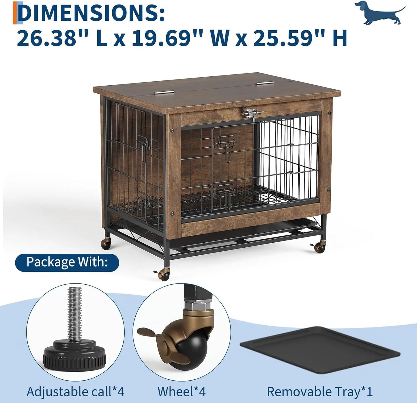 TWISTER.CK Indoor Wooden Dog Crate Furniture With Double Doors Wheels And Tray