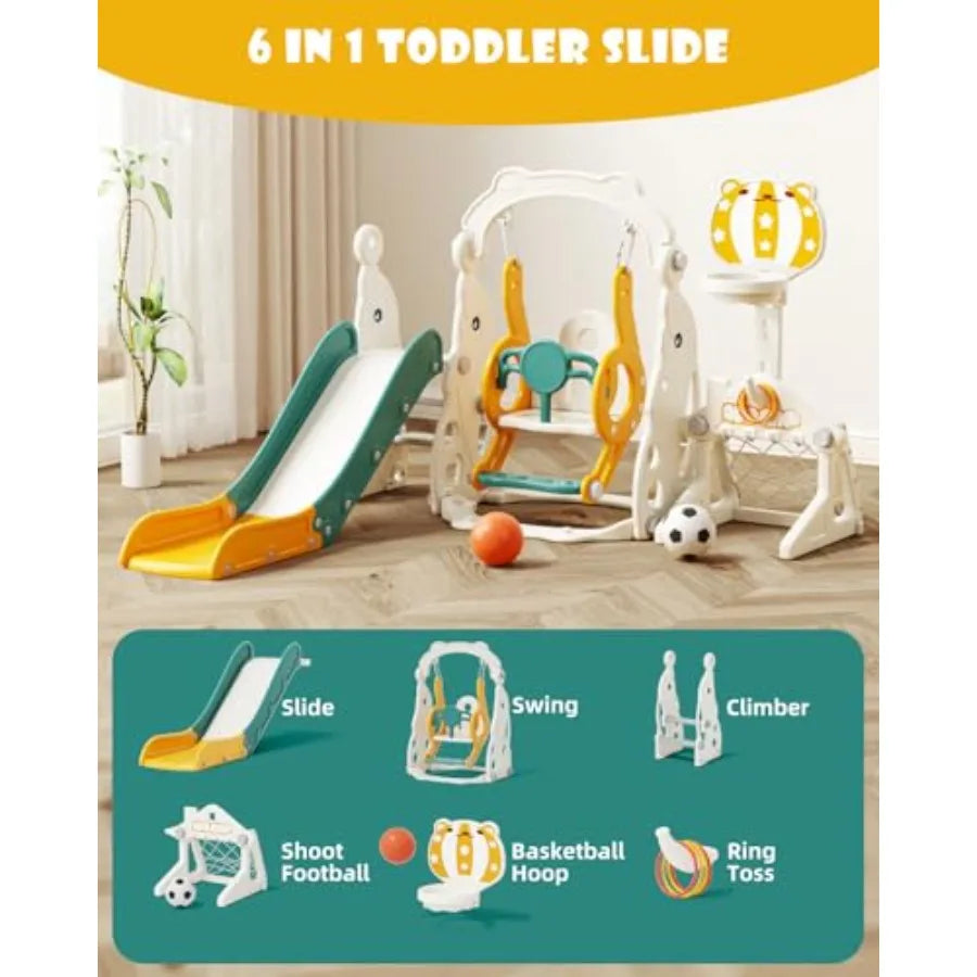 Green 6-in-1 Toddler Outdoor Playset with Slide Swing Climber Basketball Hoop Soccer Goal for Ages 1-3 Indoor Outdoor Playgroun
