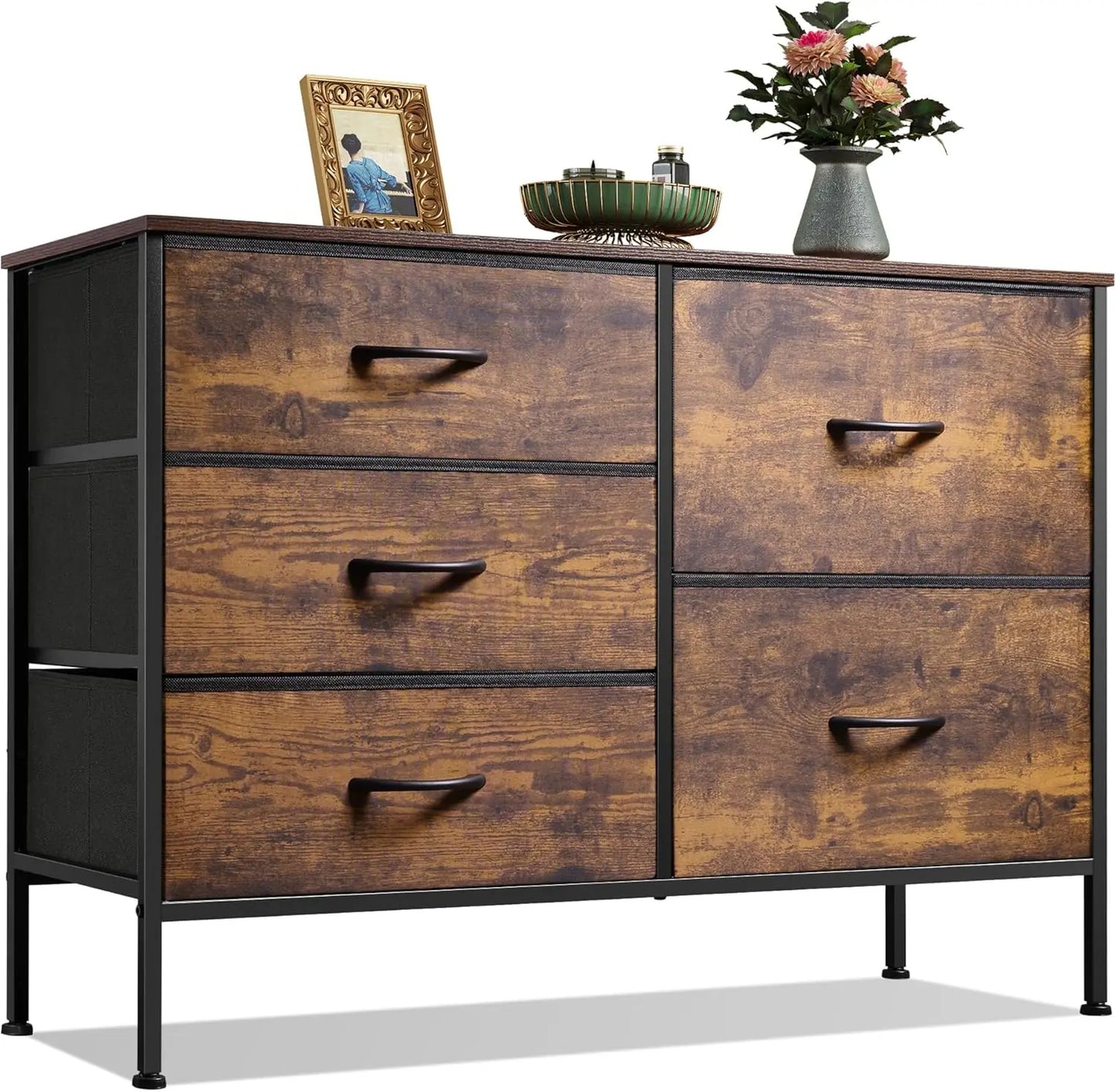 JHK Five Drawer Dresser With Metal Frame For Living Room