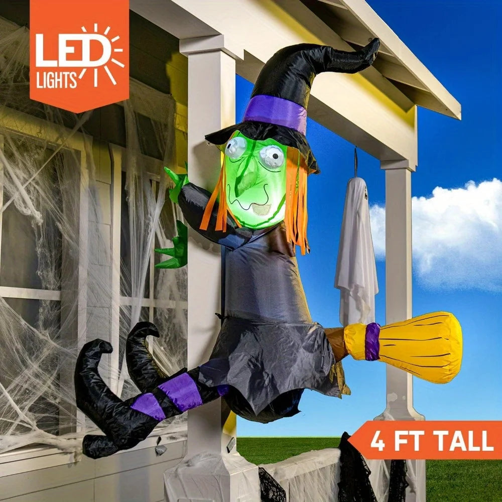 4FT Halloween Inflatable Witch with Build-in LED Lights - Outdoor Blow Up Decor for Yard, Trees & Parties | Witch Decorations, Halloween Inflatables Outdoor, Blow Up Yard Decor