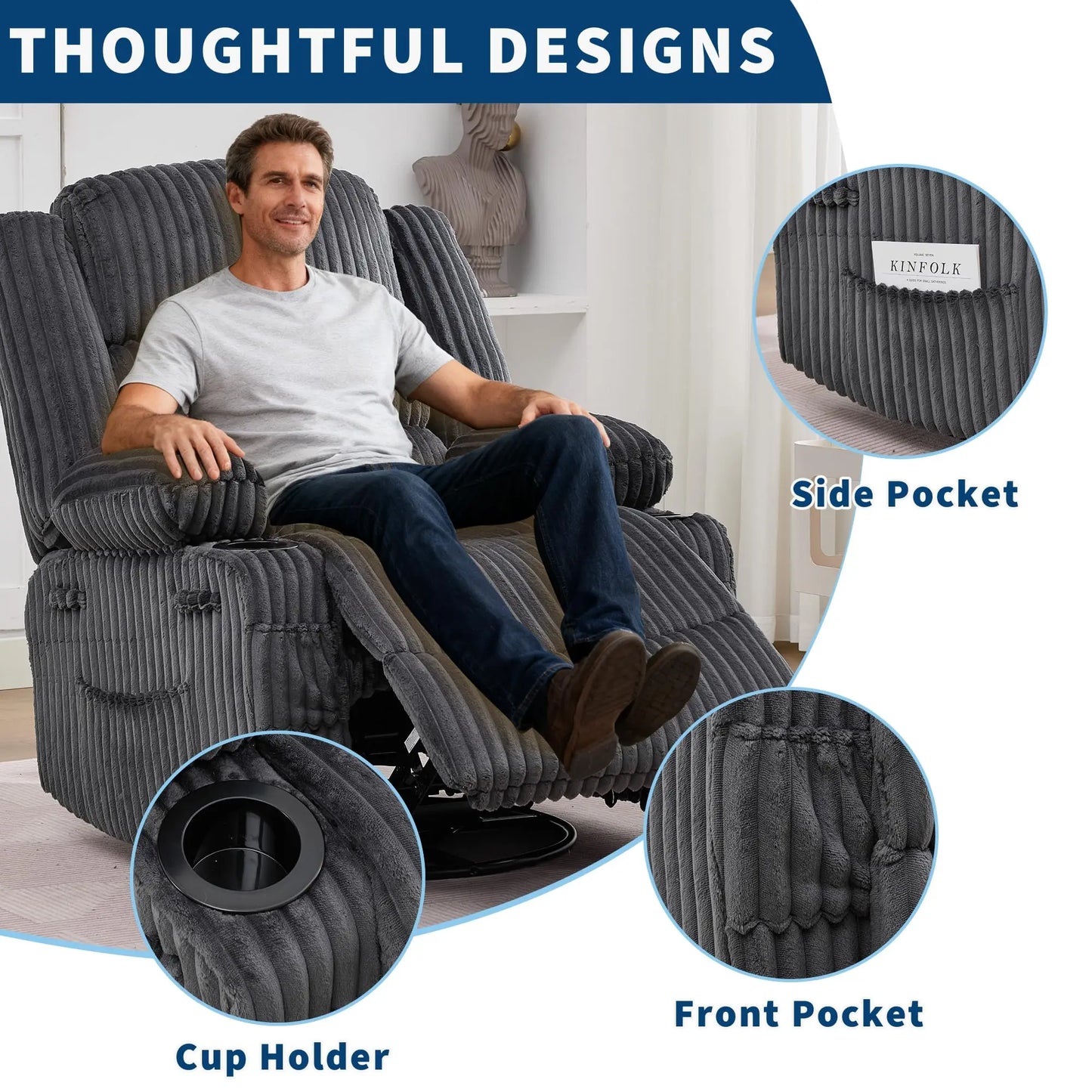 360° Swivel Rocking Recliner Chair With Cup Holder, Oversized Corduroy Nursery Glider, Deep Seat Lounge Chair For Living Room