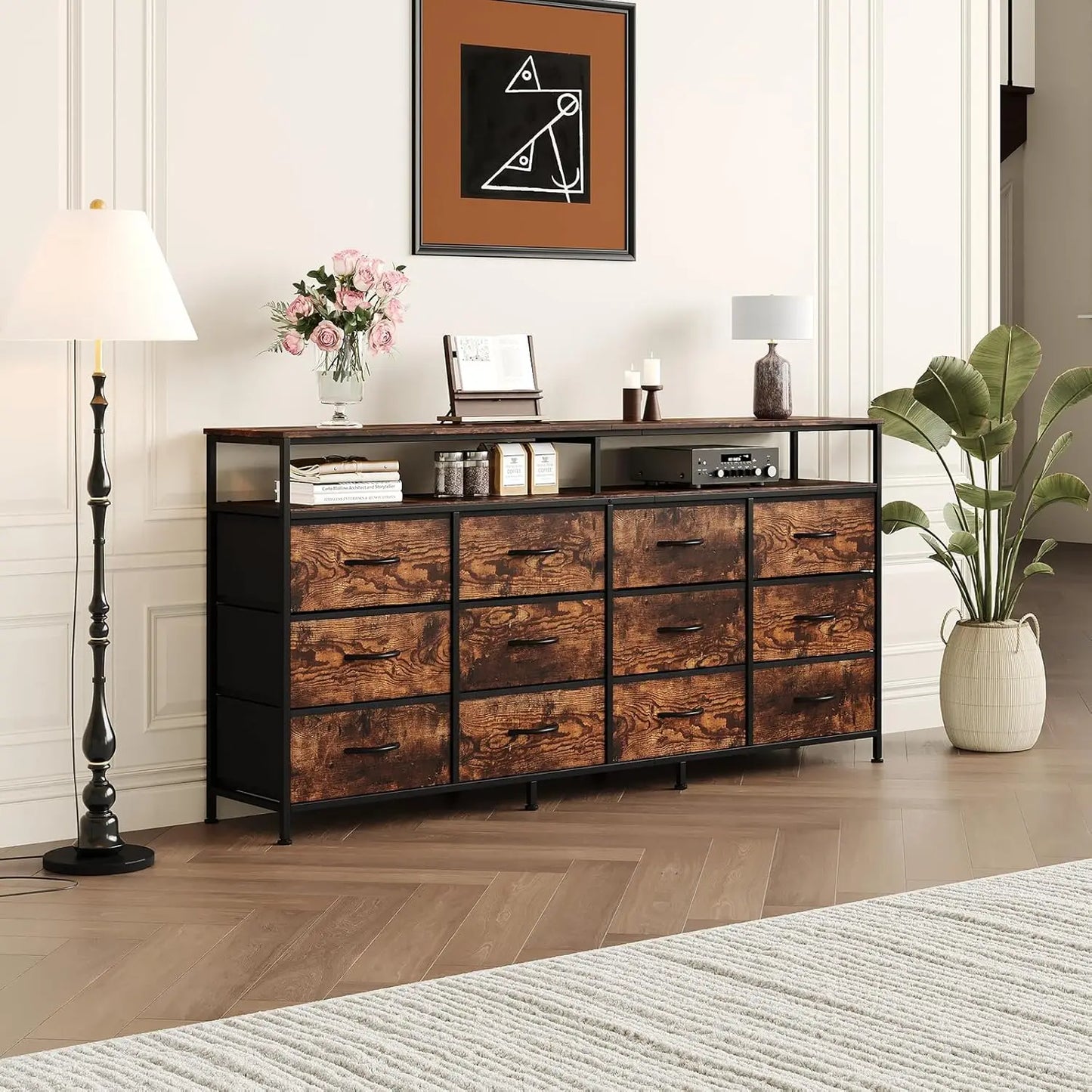HiMISS 12 Drawer Dresser With Open Shelf Steel Frame