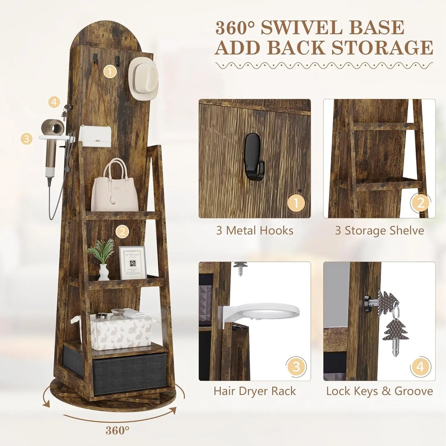 MOYU 360 Degree Swivel Arched Jewelry Mirror Cabinet with LED