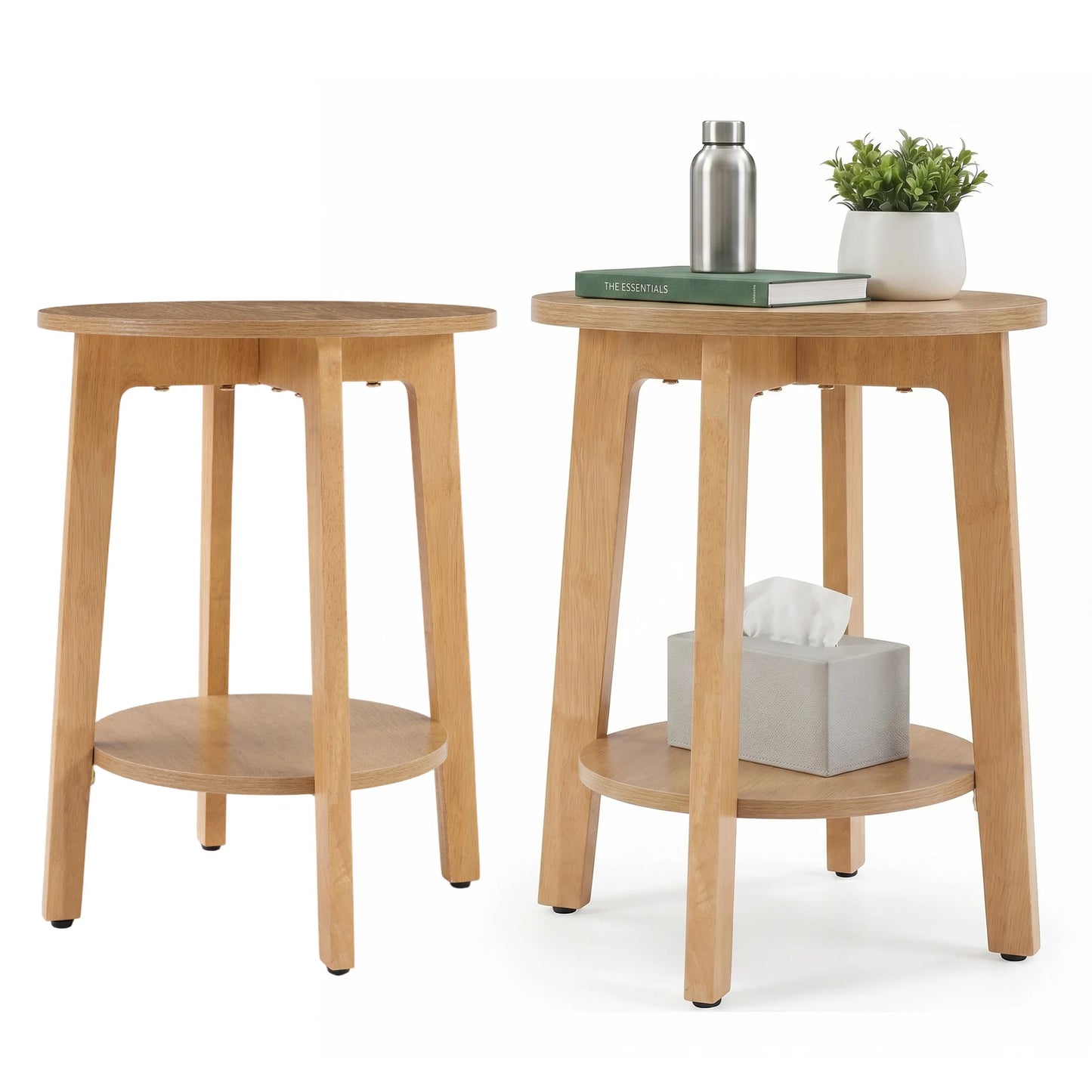 JHK Wood Round Side Tables Coffee Table For Living Room 2-Tier Center Counter with Storage Shelf Bedside Nightstand with Non-Slip Pads