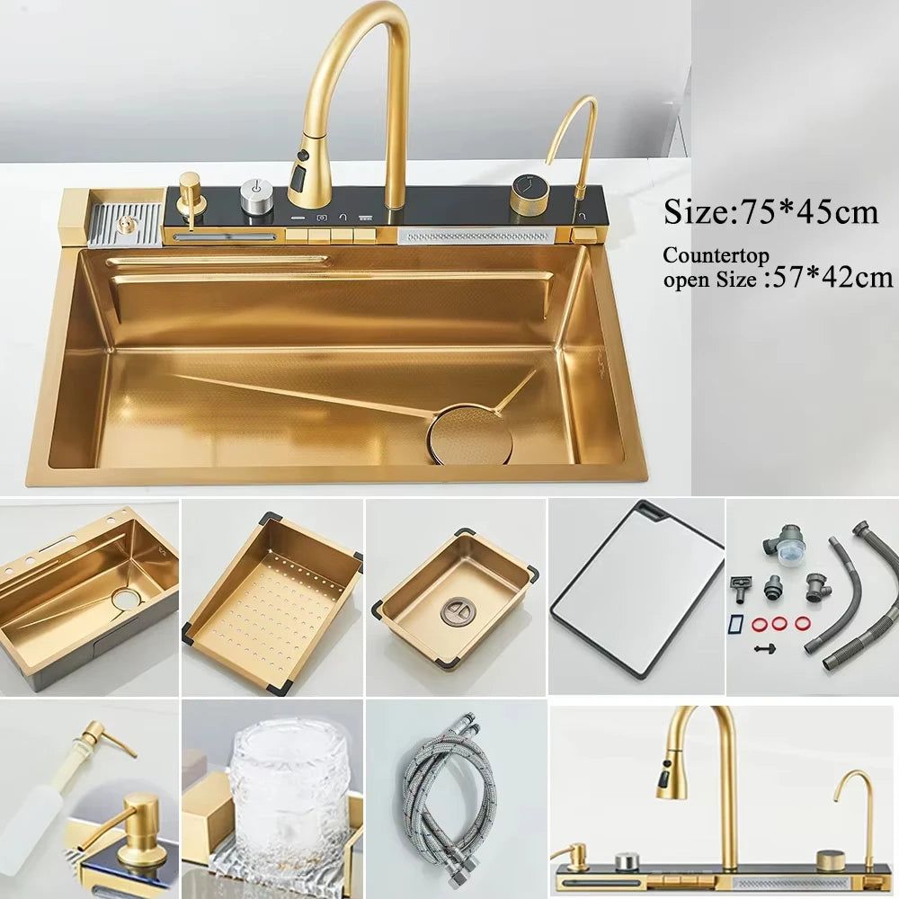 MYQualife 304 Stainless Steel Waterfall Kitchen Sink With Soap Dispenser
