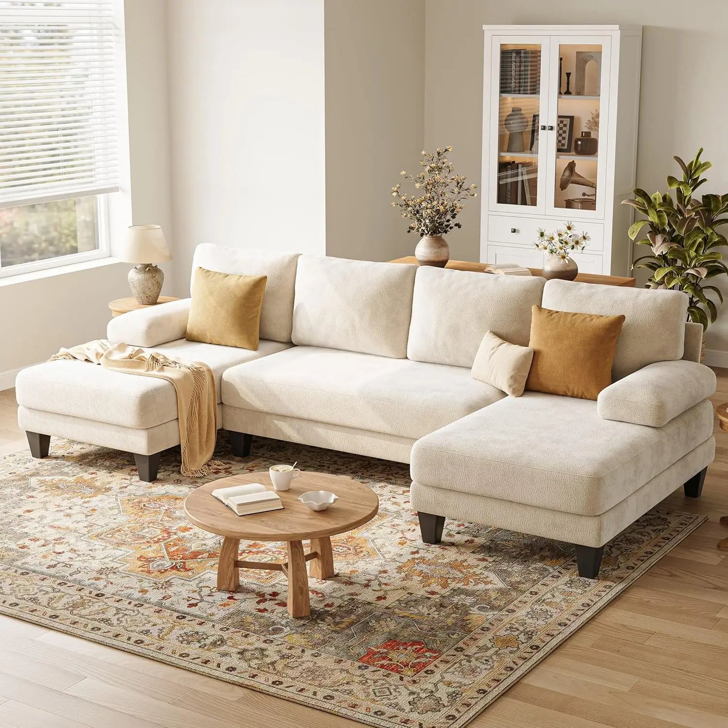 U Shaped Sectional Couch Chenille Sofa With Double Chaise