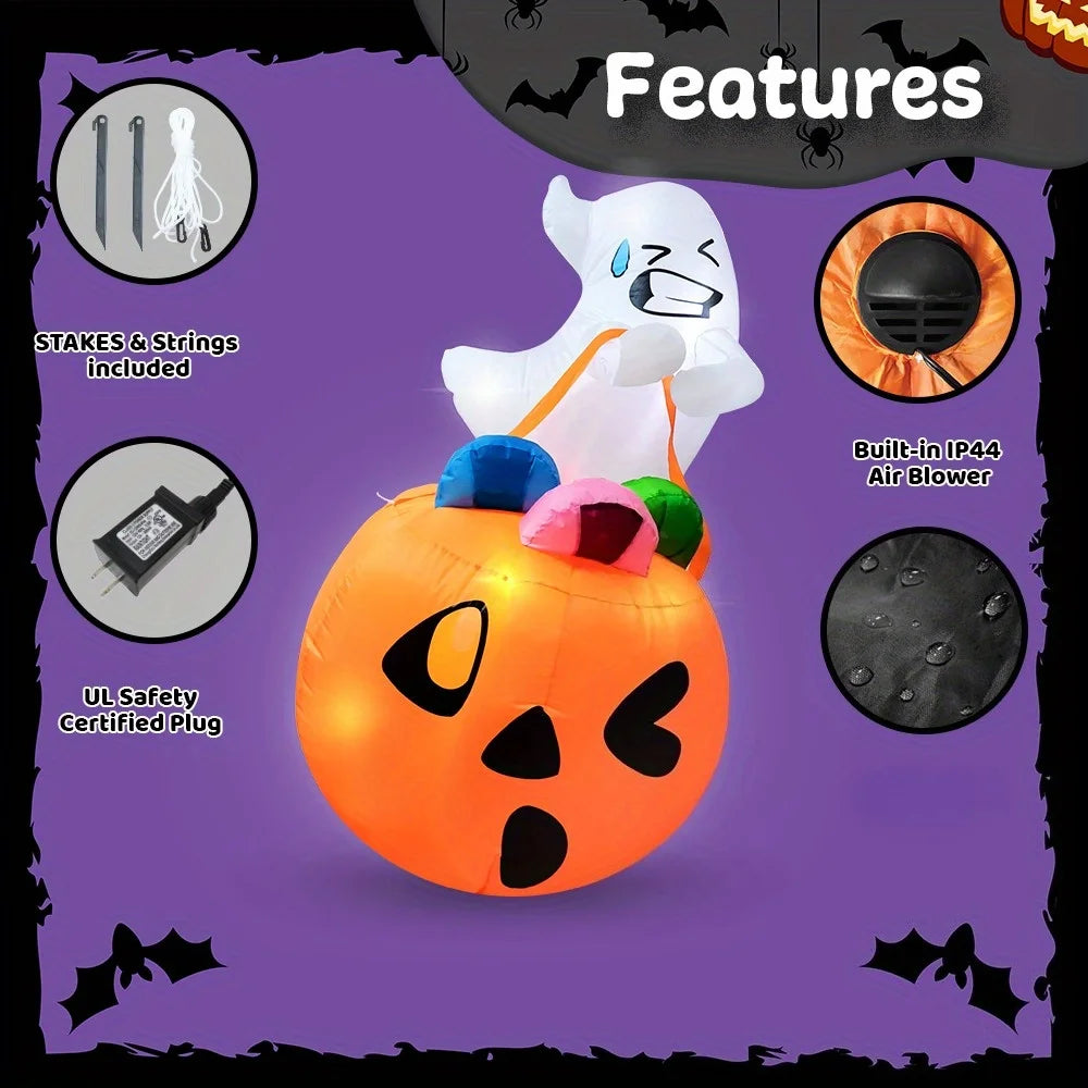 5 FT Tall Halloween Inflatables Outdoor Decorations Inflatable Cute Ghost Halloween Decor Outdoor Blow Up Ghost Lift Pumpkin Candy Bag with Build-in LEDs for Yard Decorations