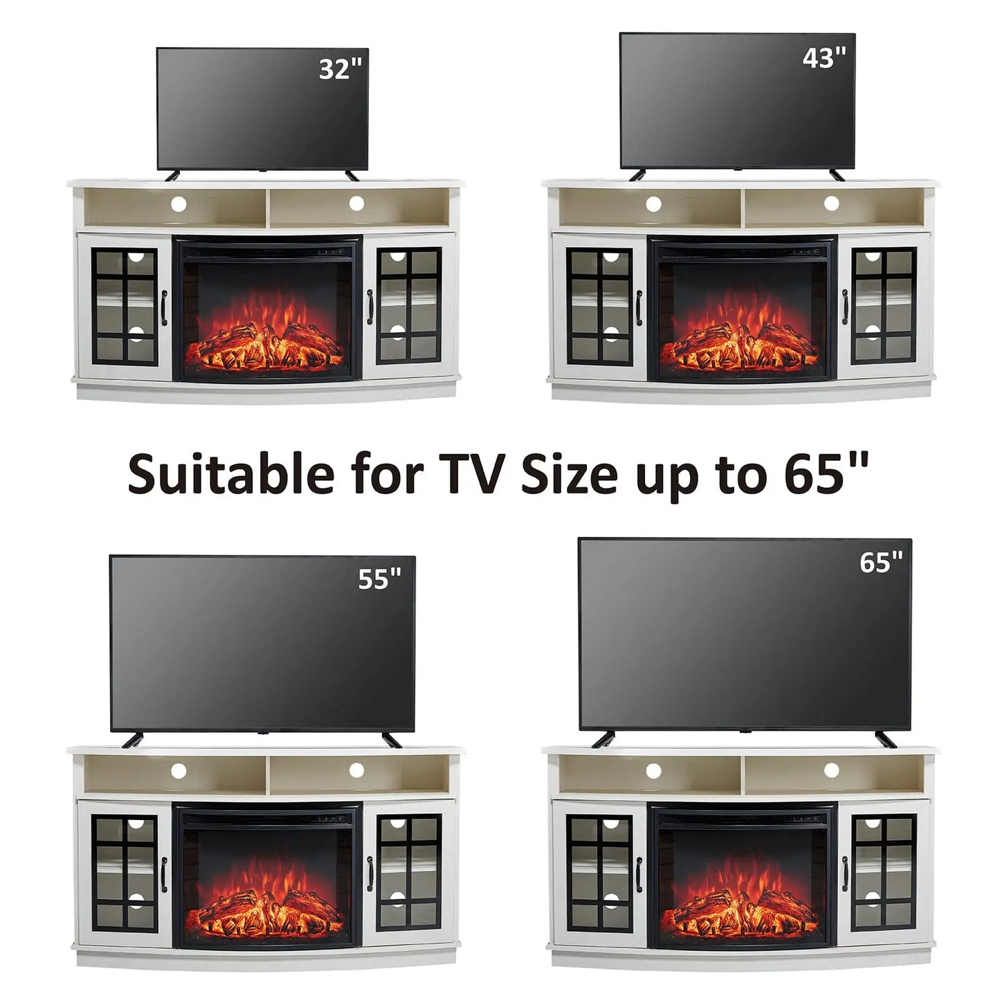 Curved Electric Fireplace TV Stand With Glass Door Storage