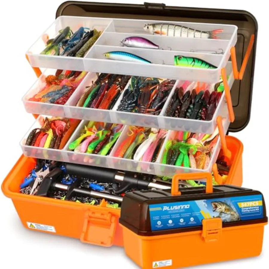 Freshwater bass fishing tackle box: 4-layer plastic storage in black, includes 547pcs lures, pliers, crankbait, hooks, weightsd