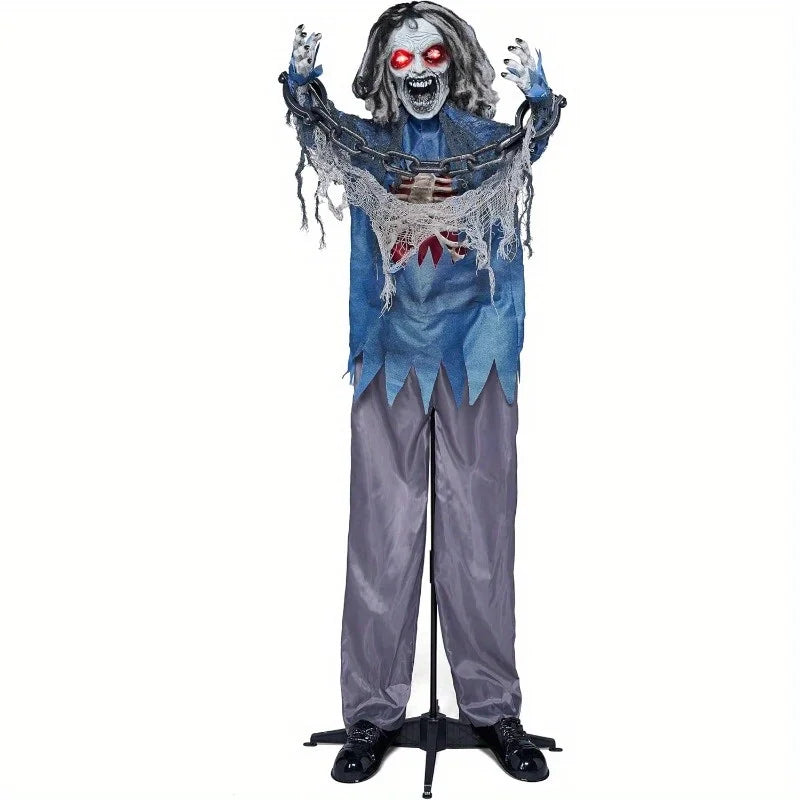 68" Zombie Halloween Decorations Standing Zombie Halloween Animatronics Decor with Chain, Life Size Ghost with Light-up Eyes and Creepy Sound, Animated Halloween Props for Haunted House Patio Yard