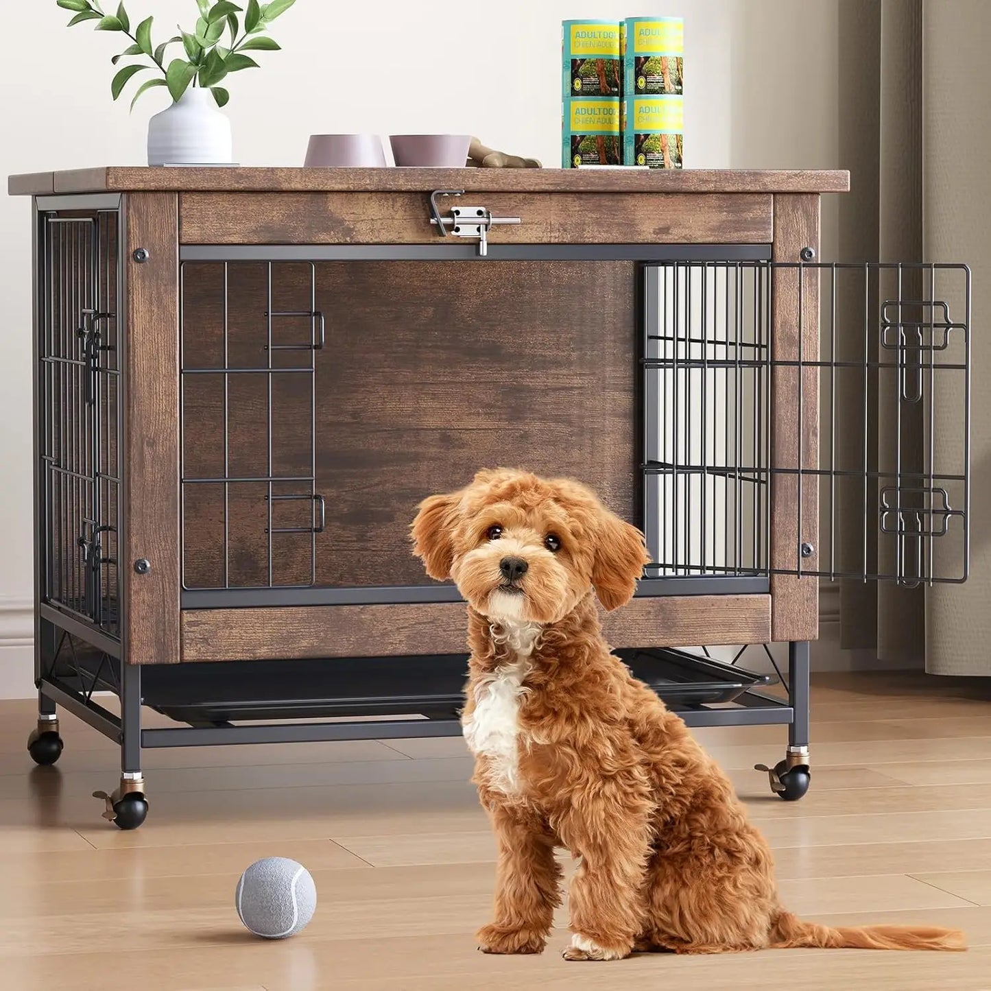 TWISTER.CK Indoor Wooden Dog Crate Furniture With Double Doors Wheels And Tray