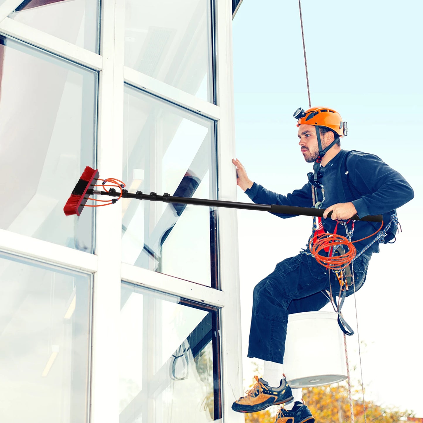 24ft Water Fed Pole Kit Aluminum Alloy Water Fed Brush Washing Tool with Hose for Window Glass Solar Panel Car Cleaing