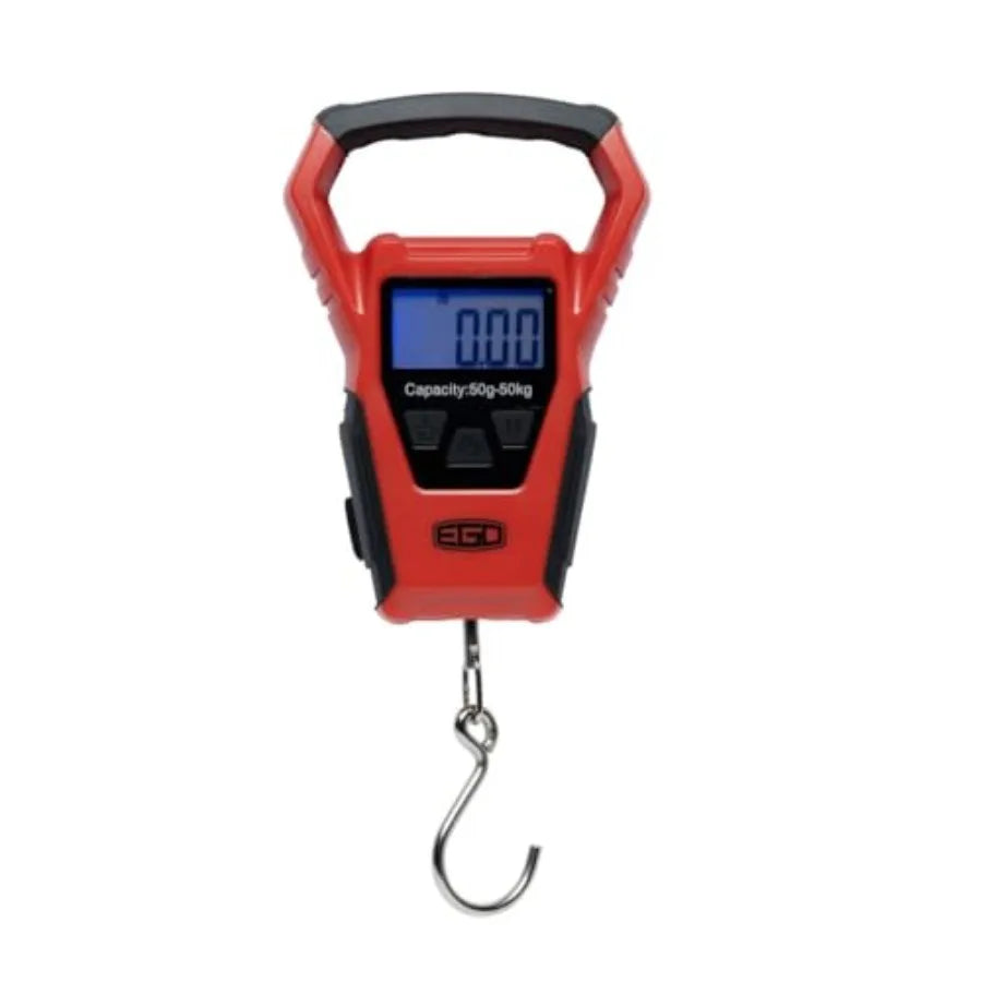 Fishing scale for outdoor use, ABS plastic body, black color, waterproof LCD display with 110lb/50kg capacity and built-in tape