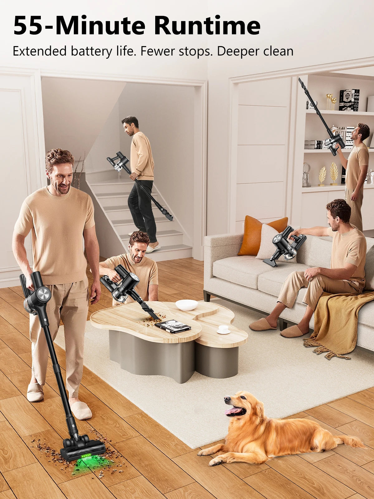 SUXIANGVAC Cordless Vacuum Cleaner 55Mins Anti-Tangle Self-Standing
