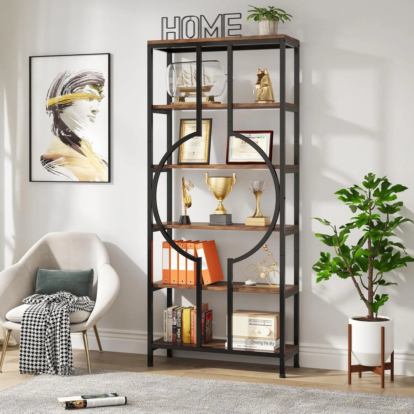 Little Tree Industrial Bookshelf Etagere 6 Tier For Living Room