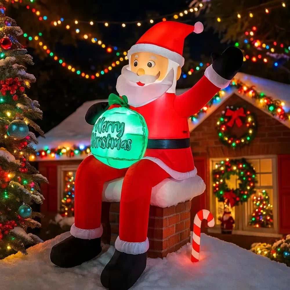5.6FT Christmas Inflatable Sitting Santa Holding Gift Bags Outdoor Decoration Rooftop Balcony Garden Party Christmas Decor 2026