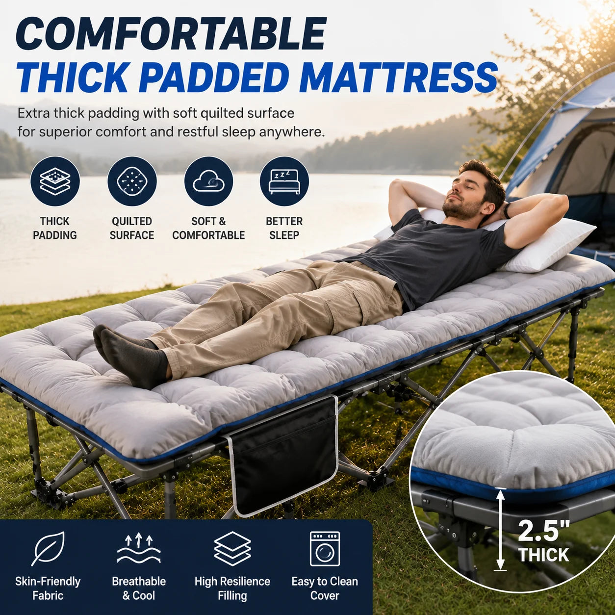 Portable Foldable Camping Cot With Thick Padded Mattress