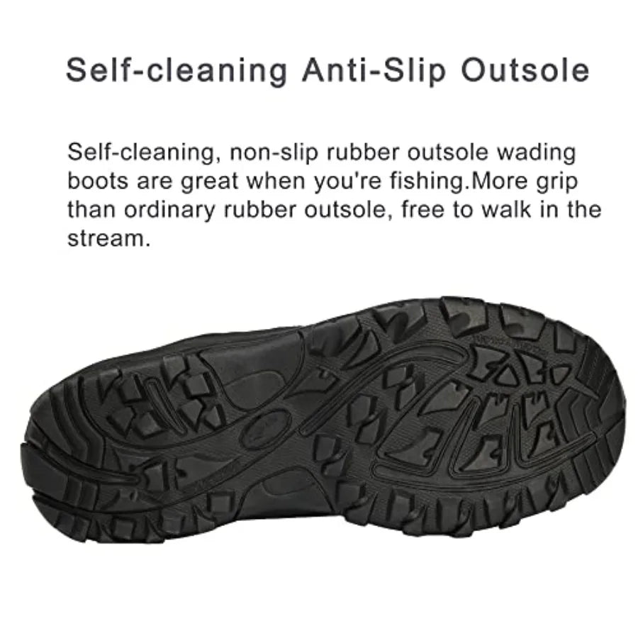 Fishing wading boots for men and women: rubber sole anti-slip, rotating buckle lacing system, black, durable waterproof neopren