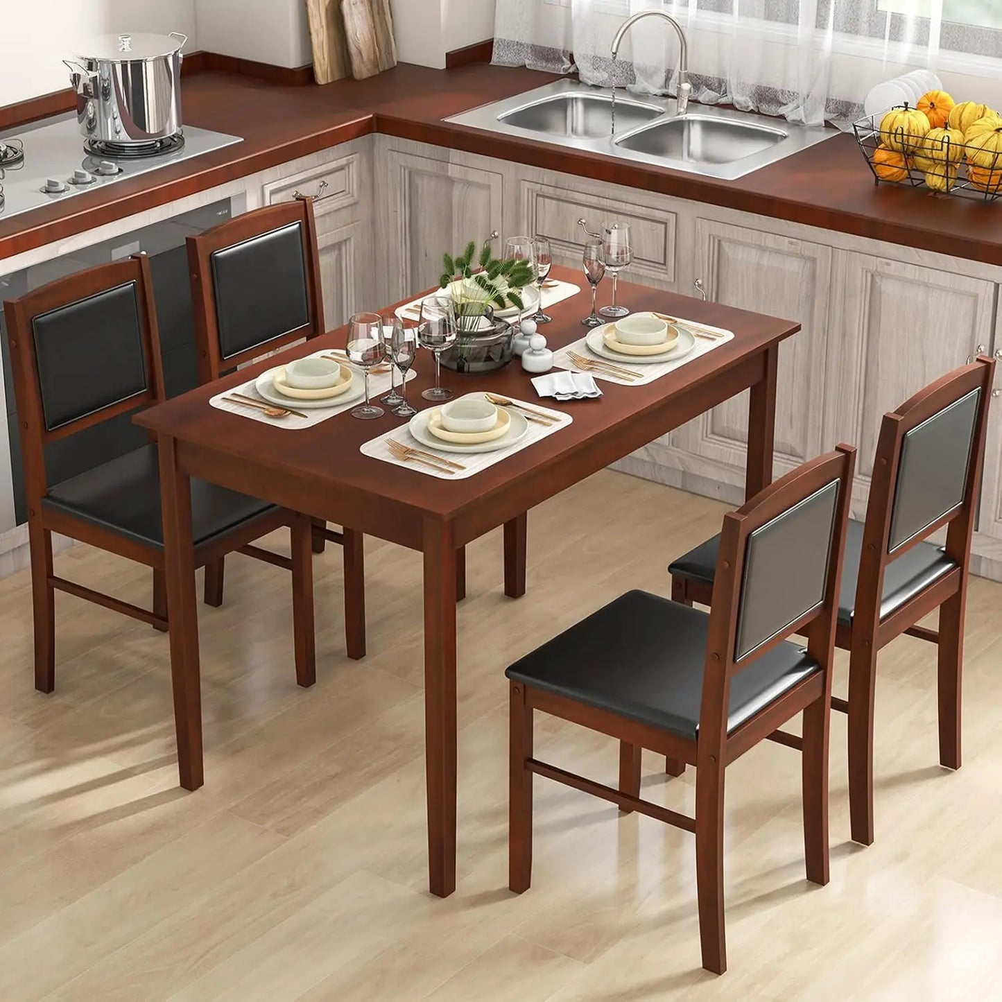 Farmhouse Solid Wood Dining Table Set 4 Upholstered Chairs
