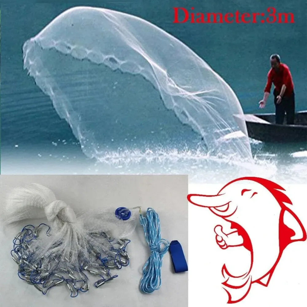 Fishing Cast Net, 10ft Diameter 3m, Anti-Tangle Mesh, Steel Sinkers for Fast Sinking, Seal Bottom Design, Ready to Use, Efficient Fish Catching Tool