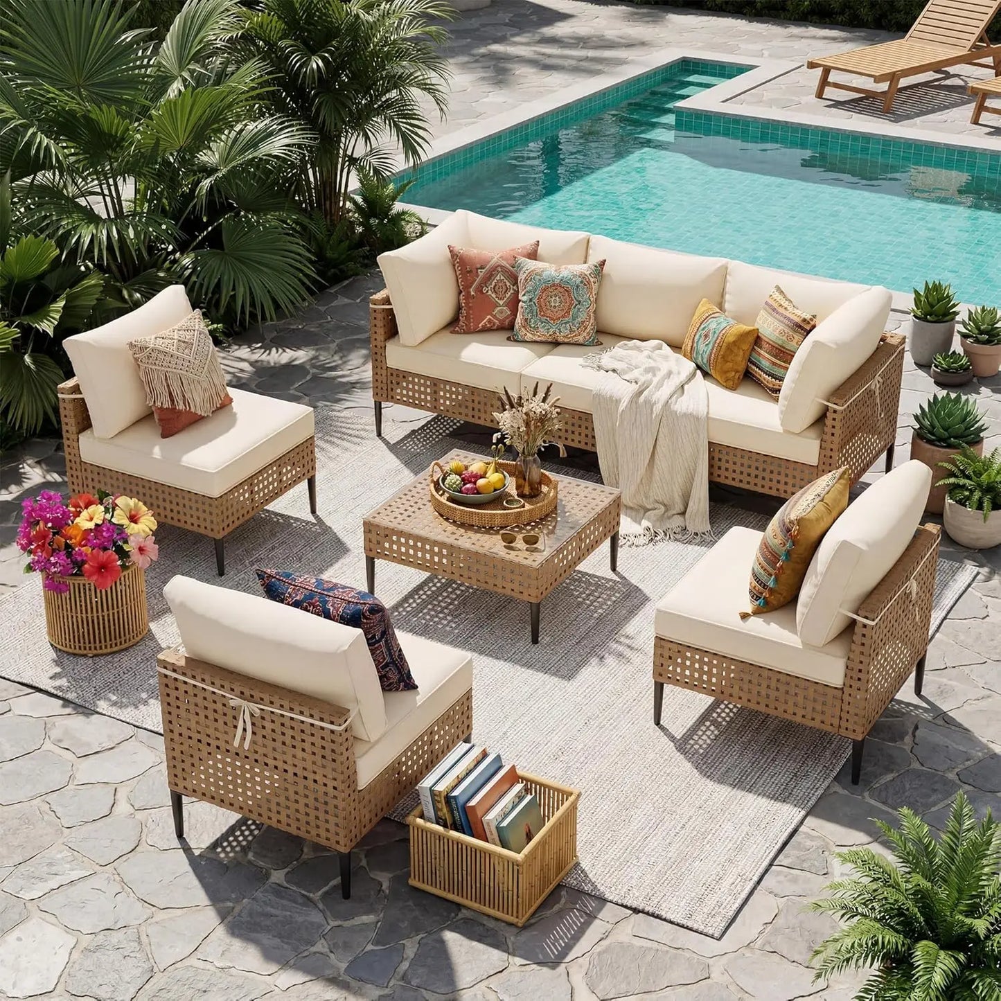 Wicker Patio Furniture Set Modular Outdoor Sectional With Glass Table