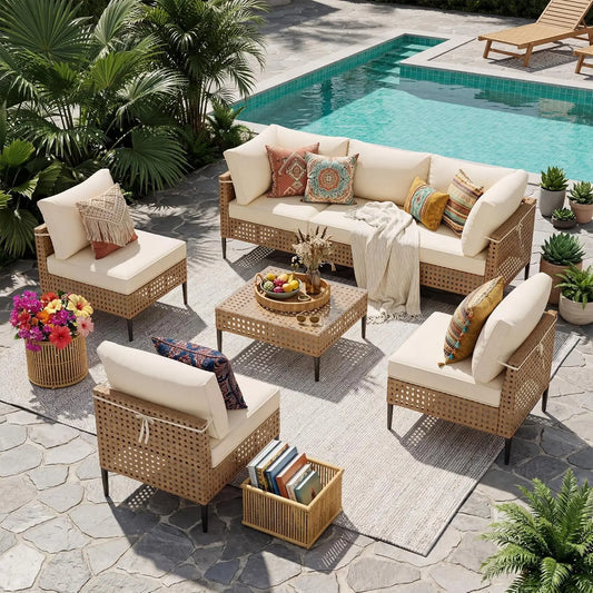 Wicker Patio Furniture Set Modular Outdoor Sectional With Glass Table
